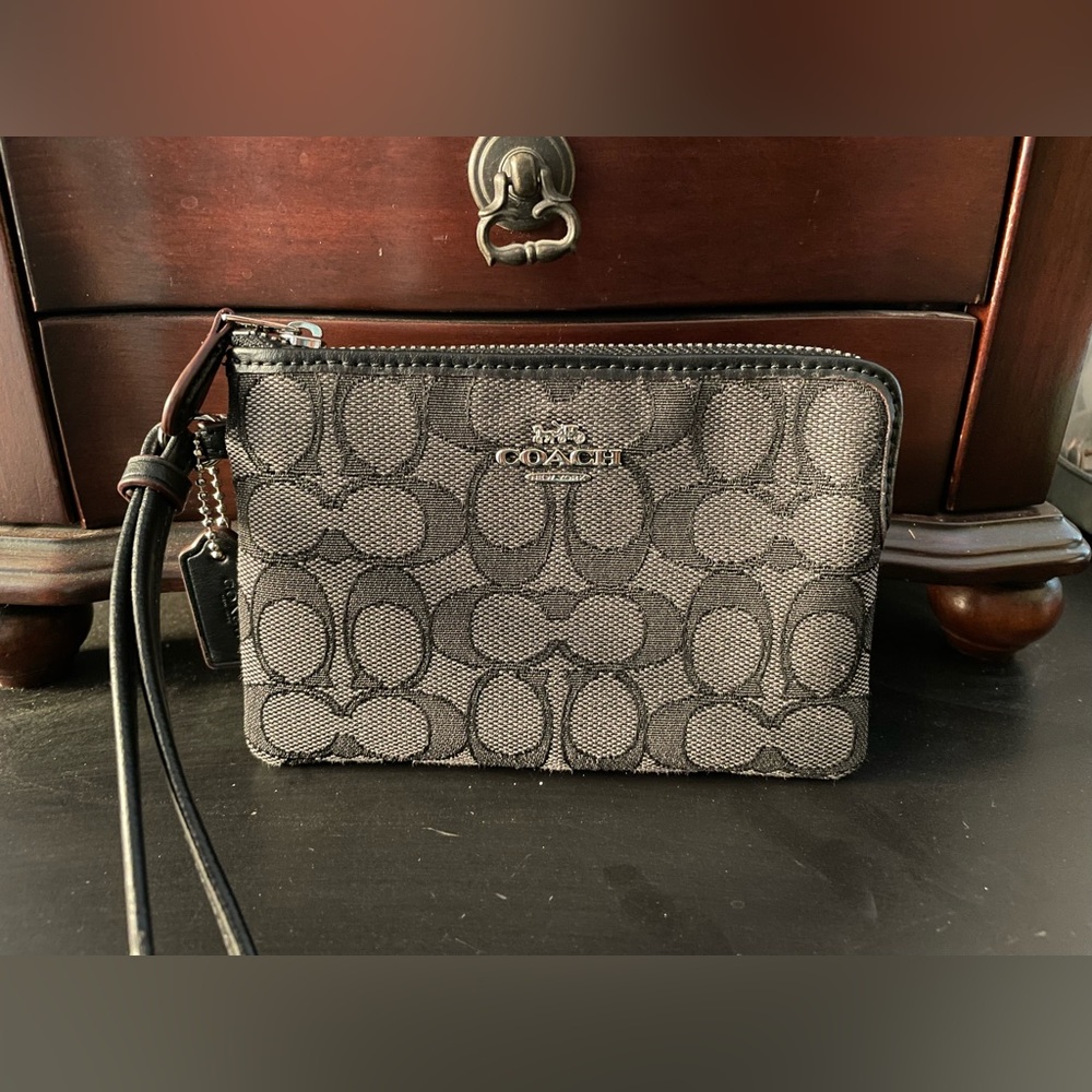 Coach black leather and canvas wristlet